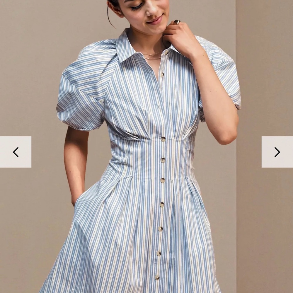 Striped Blue and White Puff Sleeve Dress